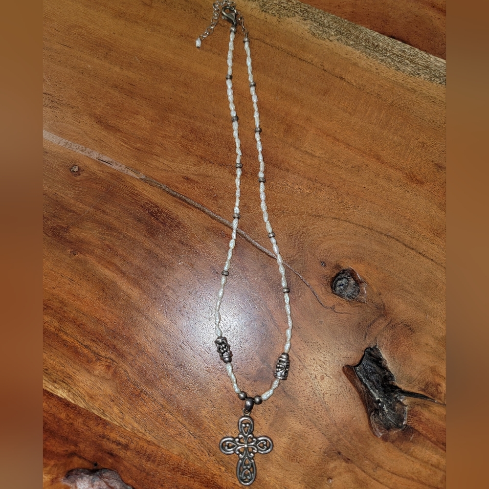 Unique white bead cross necklace